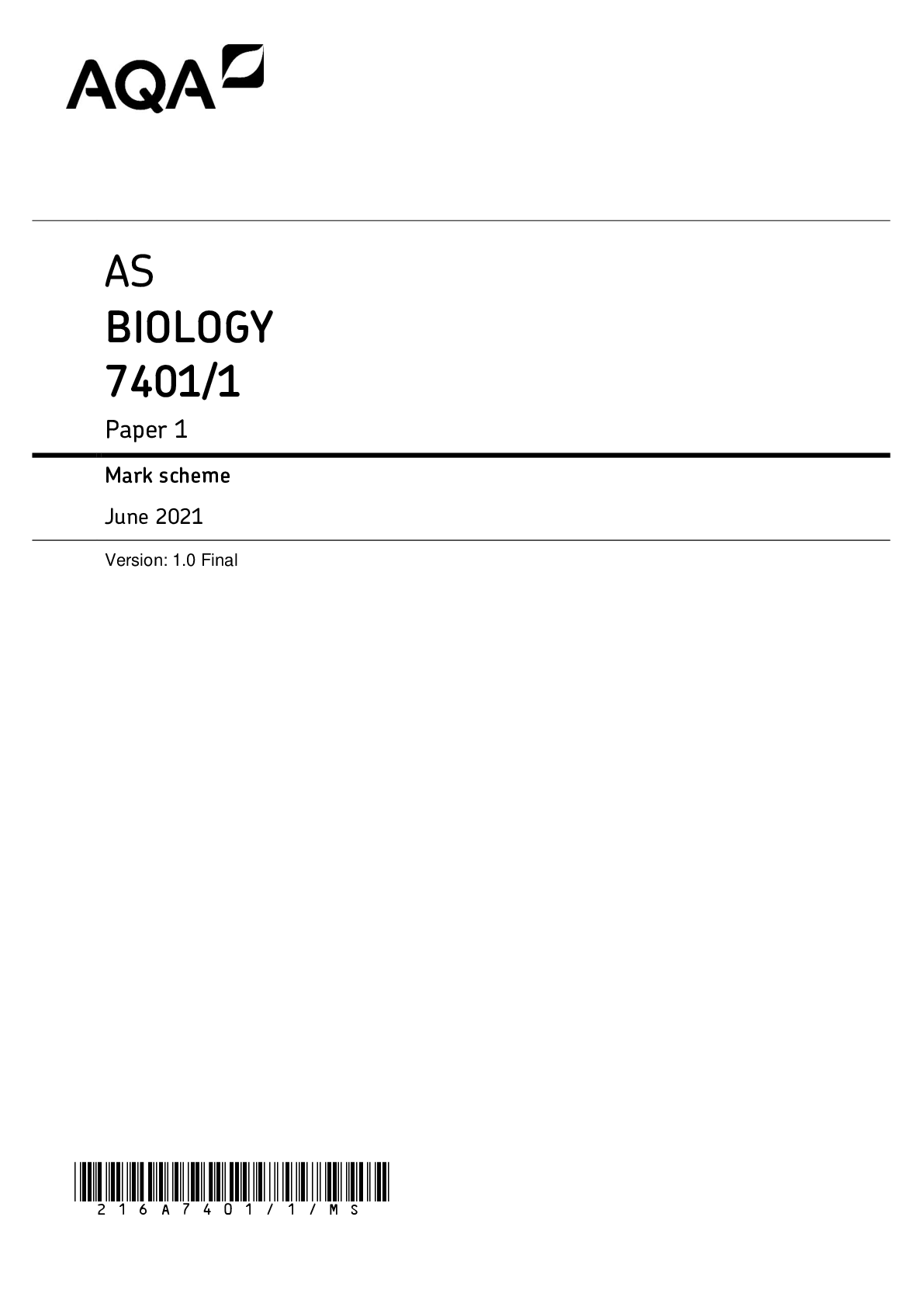 Preview image for AQA AS BIOLOGY 7401/1 Paper 1 Mark scheme June 2021 Version: 1.0 Final